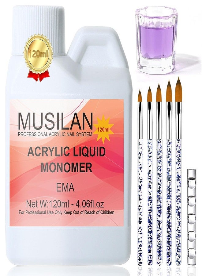 MUSILAN Monomer Acrylic Nail Liquid 4oz for Acrylic Powder - Professional Acrylic Liquid Monomer for Acrylic Nails Extension with 5pcs Acrylic Nail Brush Dappen Dish for Beginners DIY at home Non-Yellowing - Image 1